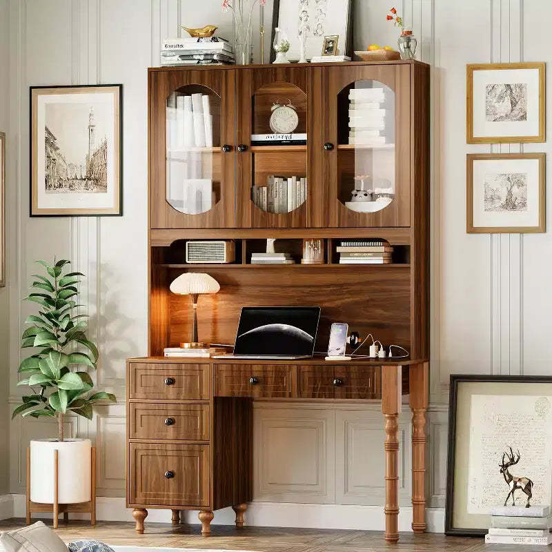 47 Retro Office Desk with Charging Station & Hutch, Computer Desk with 5 Drawers, Glass-Door Bookshelf, Writing Desk, Walnut - ModernLuxe