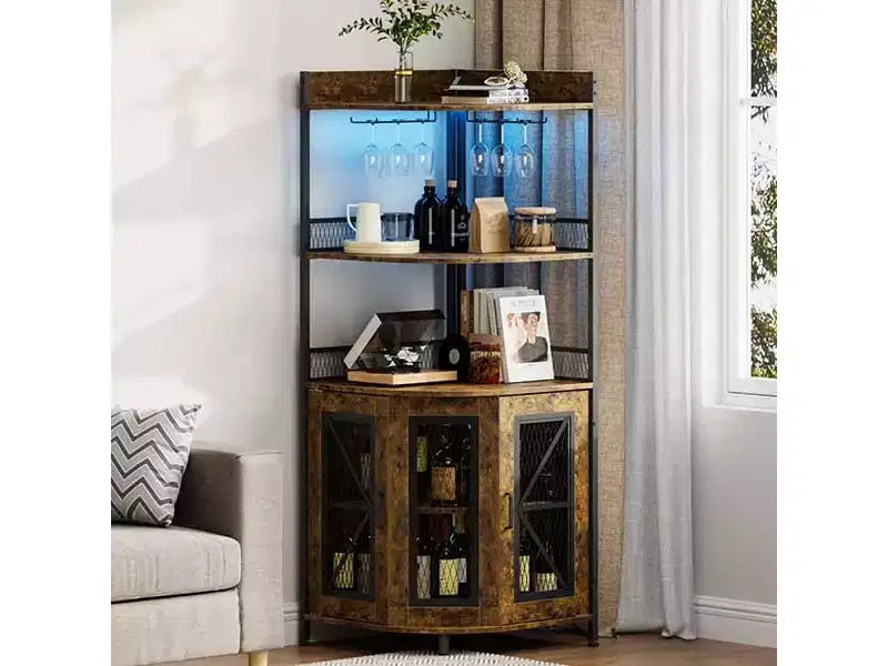 TROPOW Corner Bar Cabinet with Power Outlet and LED Light, Coffee Bar Cabinet for Home Bar, 5-Tiers Liquor Cabinet for Home, Living Room, Kitchen