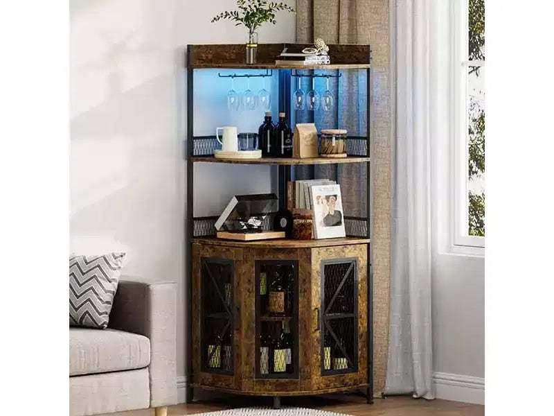 TROPOW Corner Bar Cabinet with Power Outlet and LED Light, Coffee Bar Cabinet for Home Bar, 5-Tiers Liquor Cabinet for Home, Living Room, Kitchen