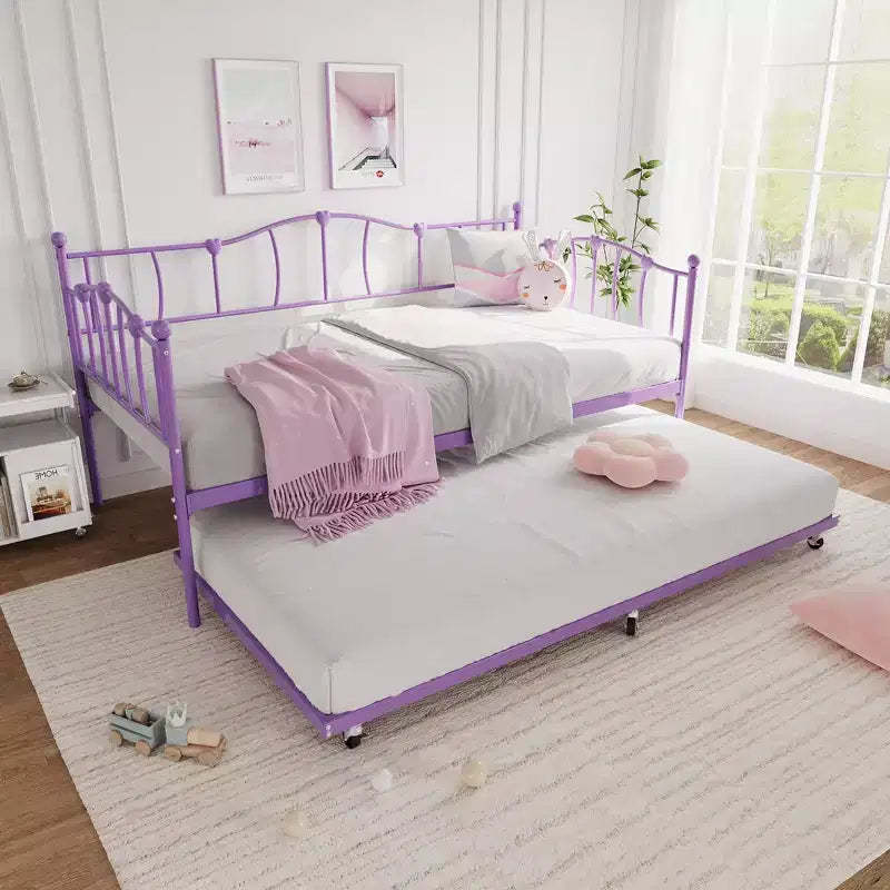 Metal Twin Daybed With Trundle Bed, Twin Size Day Bed With Pullout Trundle and Headboard, Metal Sofa Bed Frame With Steel Slat Support