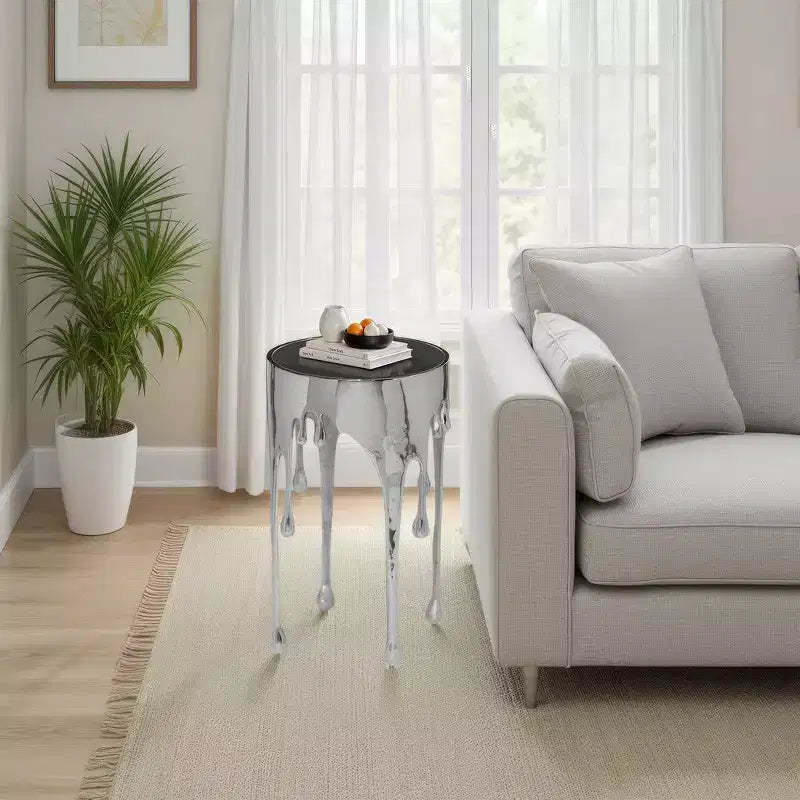 Royal Hampton Side End Table | 24.75 Inch Round Glass Top | Melting Drip Design | Silver