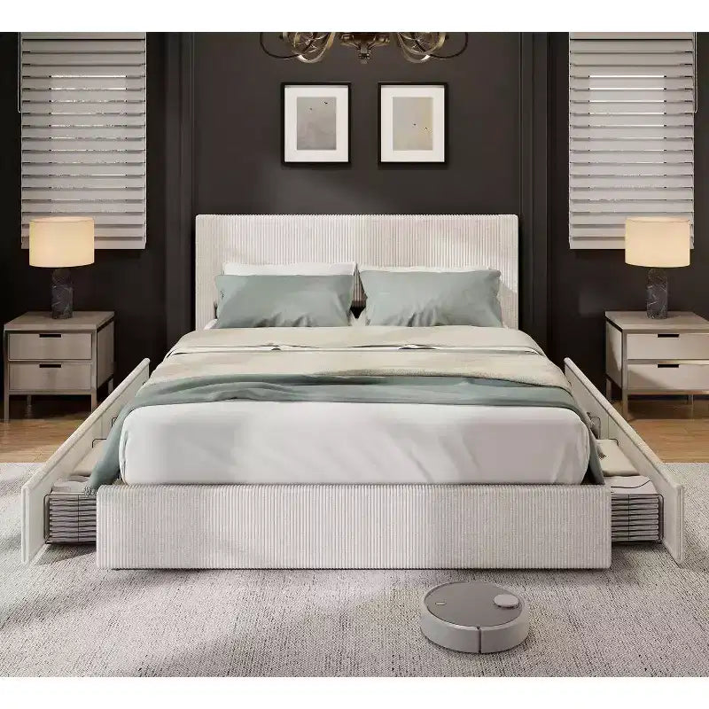 Full Size Bed Frame with 4 Storage Drawers, Upholstered Channel Tufted Wingback Headboard, Strong Wooden Slats Support, No Box Spring Needed.