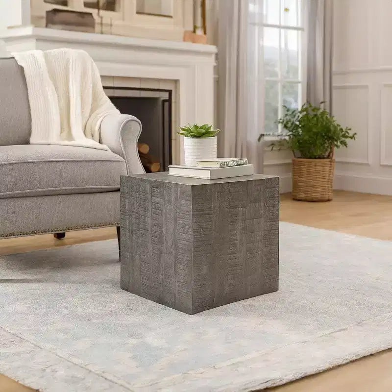 Royal Hampton Side End Table | 19 Inch Square Block Top | Sandblasted Gray Mango Wood