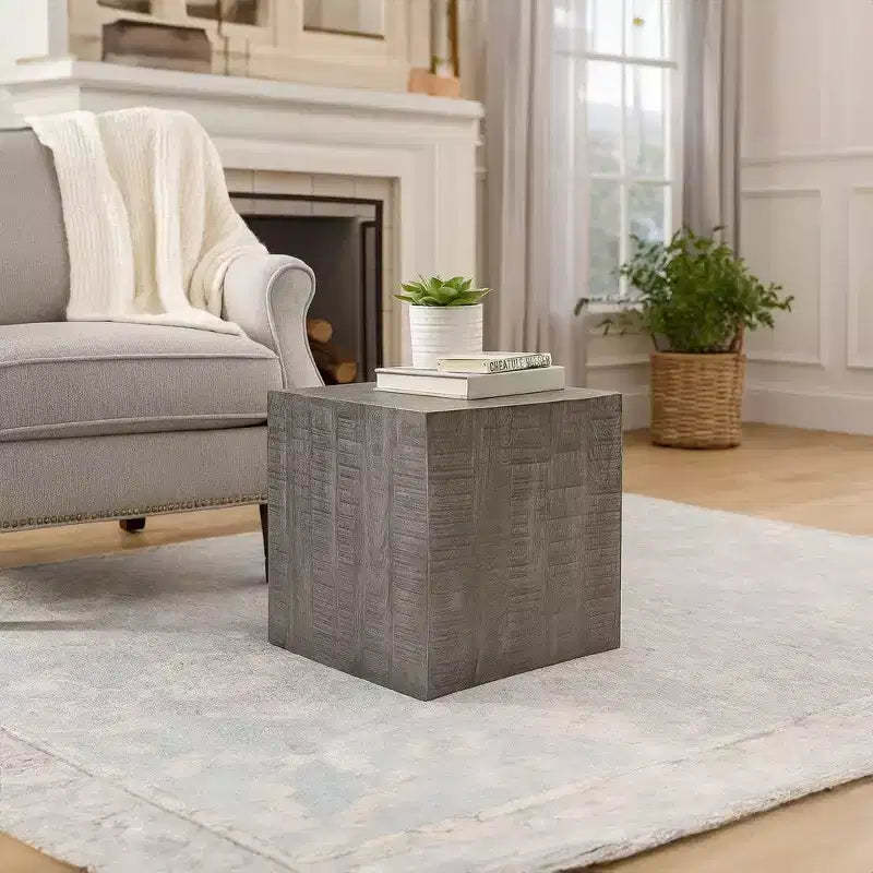 Royal Hampton Side End Table | 19 Inch Square Block Top | Sandblasted Gray Mango Wood