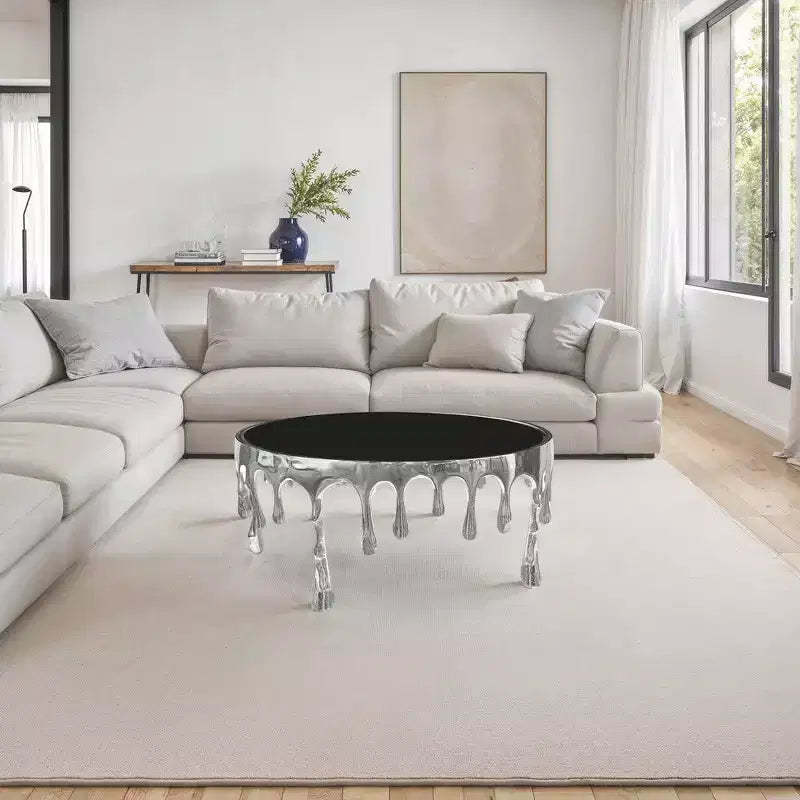 Royal Hampton Coffee Table | 36 Inch Round Glass Top | Melting Drip Design | Silver