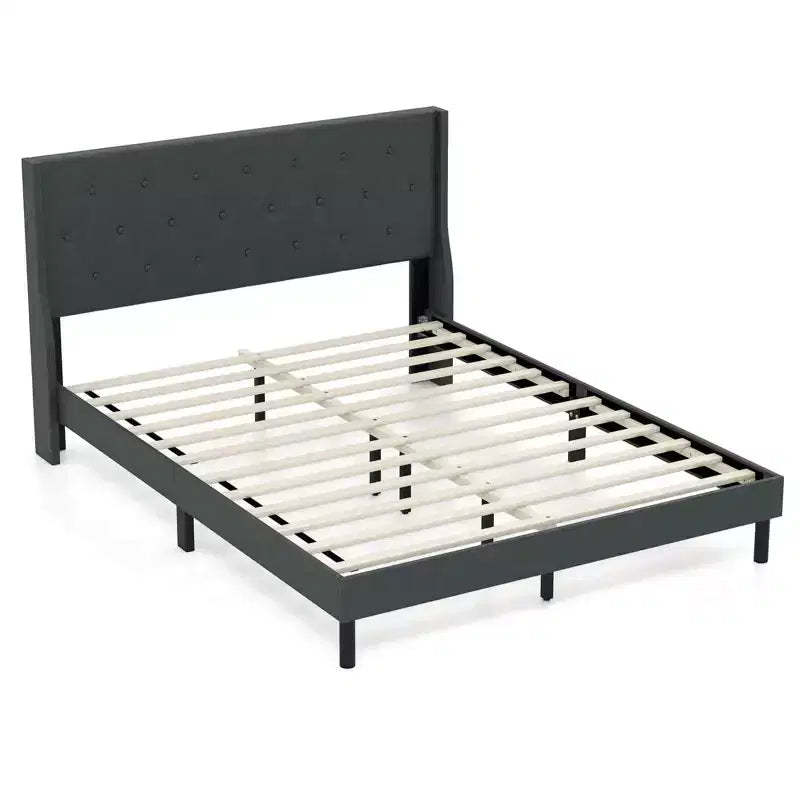 Costway Queen Size Bed Frame Linen Upholstered Mattress Foundation with Wooden Slats