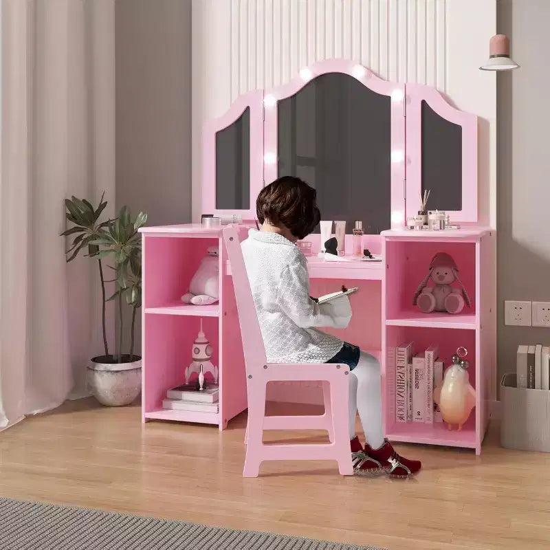 Acekool 2-in-1 Girls Vanity Table and Chair Set, Tri-Folding Mirror, Large Storage, Touch Mirror, Easy Assembly, for Kids Bedroom, Pink and White