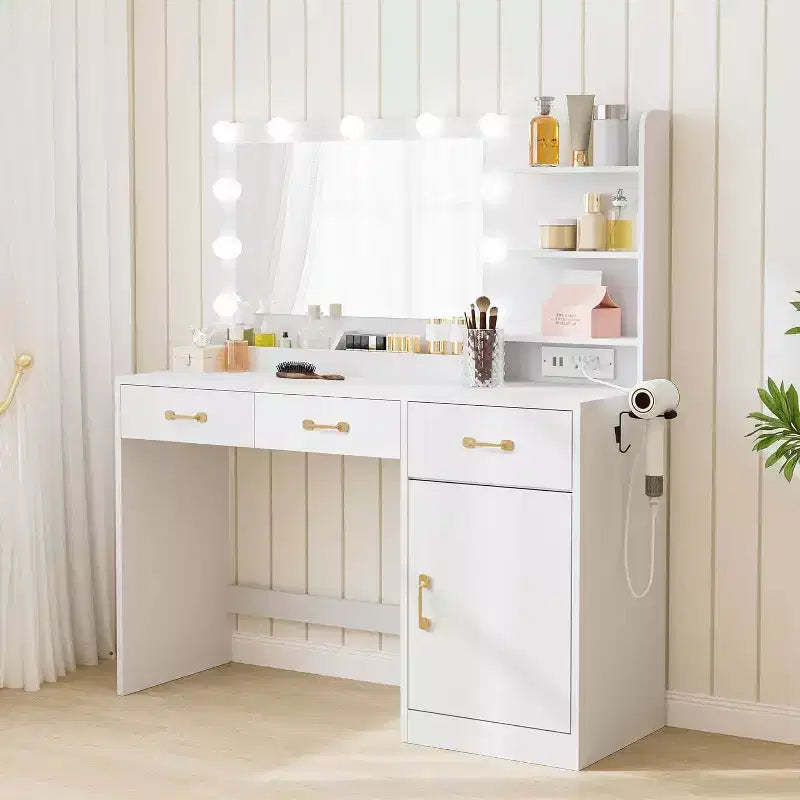 Acekool Makeup Vanity Desk with Mirror, Charging Station, 3 Drawers, Cabinet & Open Shelves, Dressing Table for Bedroom, White