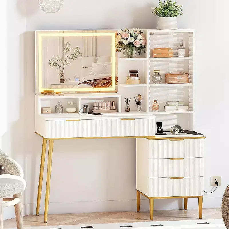 Acekool Fluted Vanity Desk with Mirror, 5 Drawers, Glass Shelves, Adjustable Lighting, Charging Ports, Bedroom Dressing Table, Wood color, 45 Inch