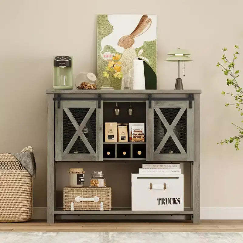 Wine Bar Cabinet with Sliding Barn Door, Rustic Kitchen Buffet Sideboard with Wine Rack & Glass Holder, Storage Liquor Cabinet for Dining Room, Grey
