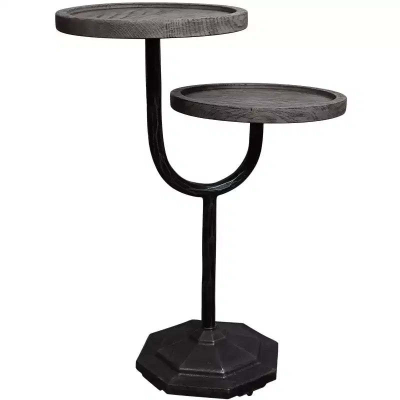 HomeRoots 19 Natural and Black Solid Wood and Iron Round Double Tray Top End Table