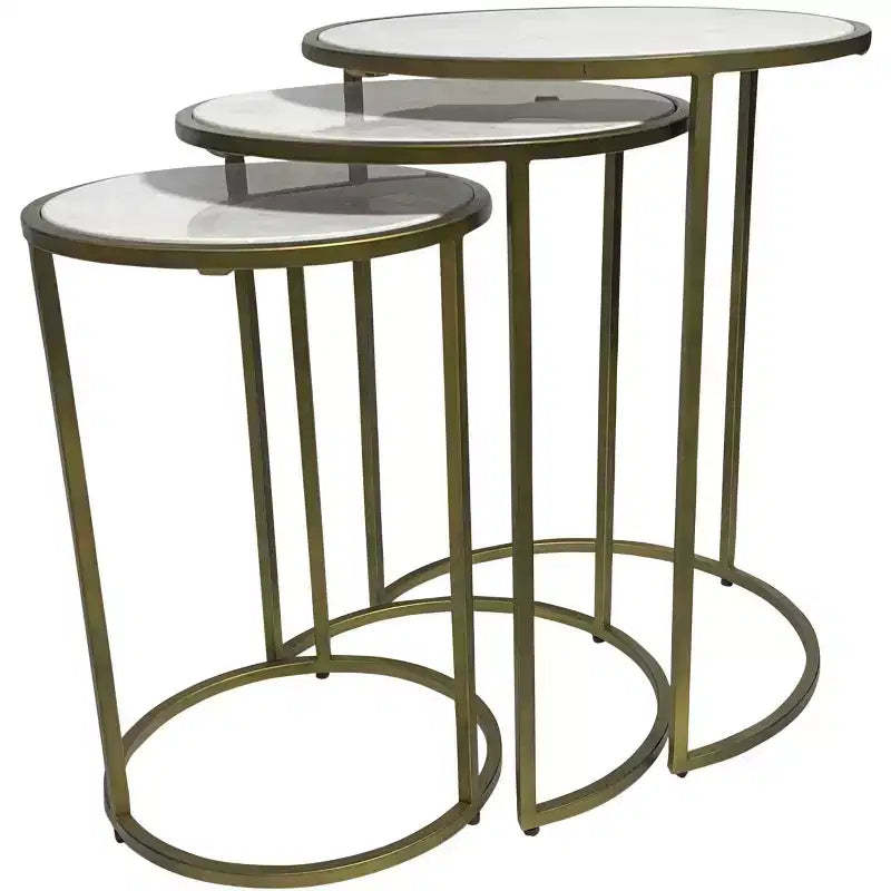 HomeRoots Set of Three White and Antiqued Gold Marble and Iron Round Frame Nested Tables