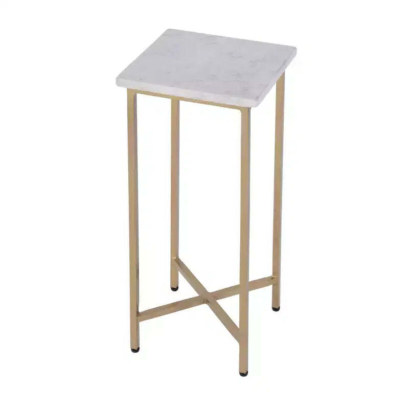 HomeRoots 21 White and Gold Distressed Marble and Iron Square End Table