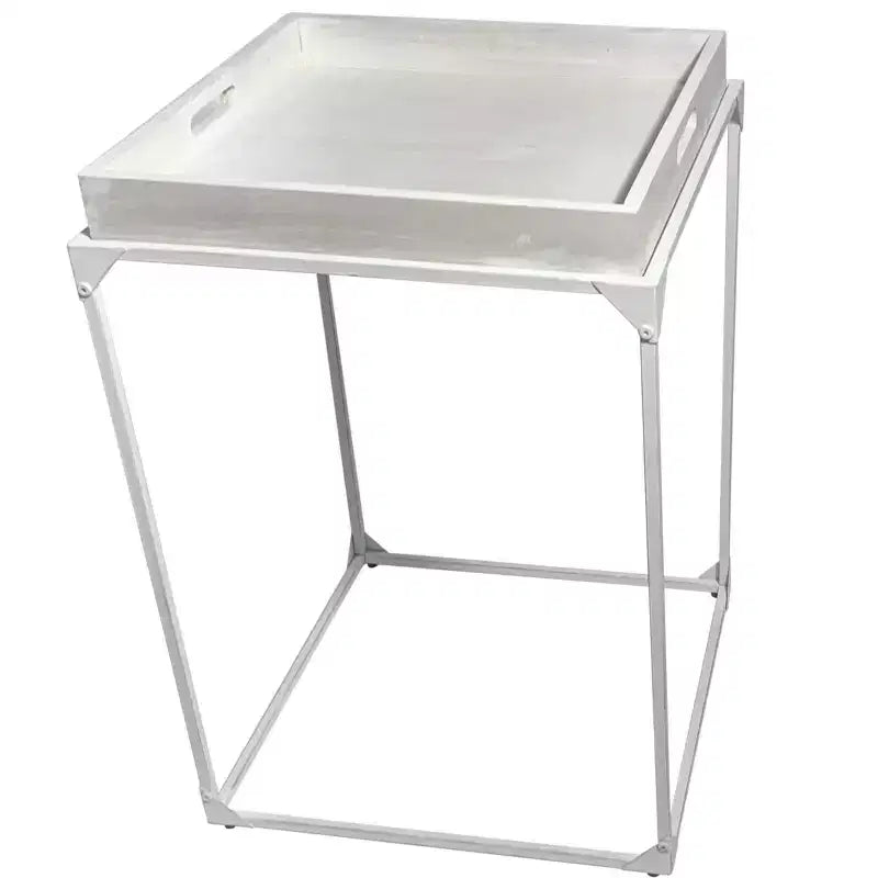 HomeRoots 29 White Solid Wood and Iron Square Tray Style End Table