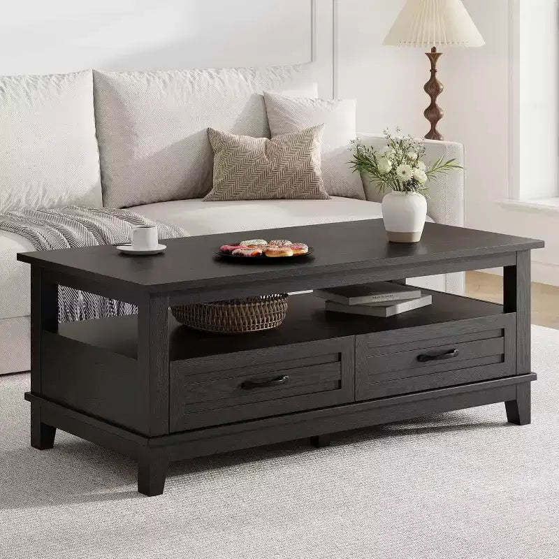 47.24 Coffee Table with Drawers, Rustic Coffee Table Wood Center Table, Easy Assembly Living Room Farmhouse Table
