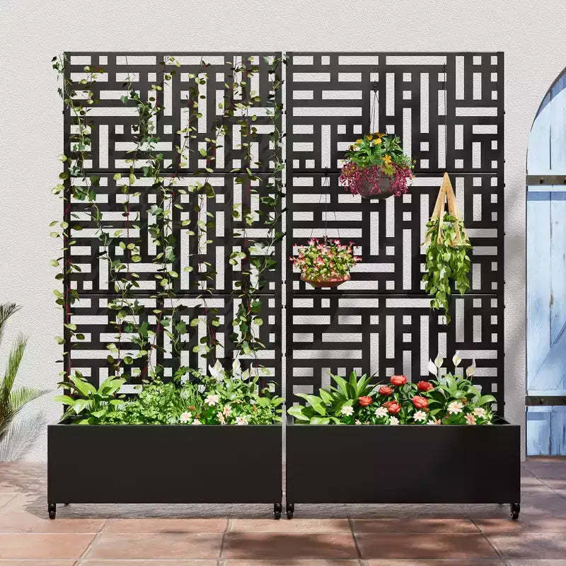 MAYEERTY 72x35x16 Inch Black Metal Rectangular Planter Box with Trellis for Street, Patio, Garden and Outdoor Decor