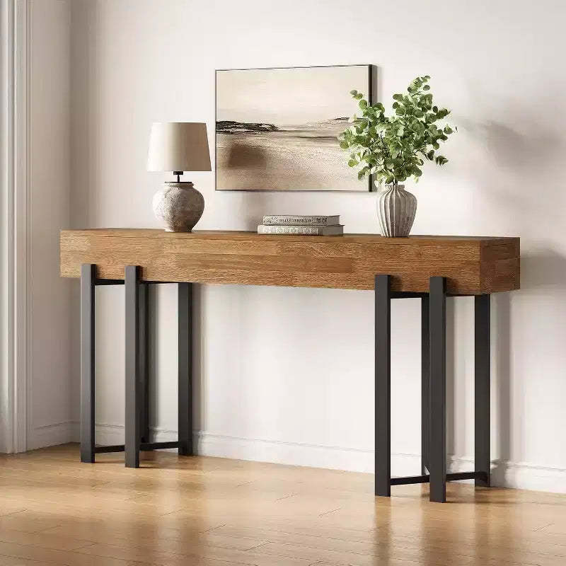 Lantine 63Console Table for Entryway, Farmhouse Behind Couch Table, Sofa Table with Black Metal Frame for Living Room, Oak