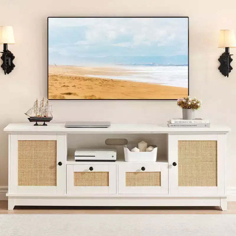 TV Stand for TVs up to 65'', Mid Century Modern Entertainment Center with with Storage and Doors, Boho Media TV Console for Living Room, Bedroom