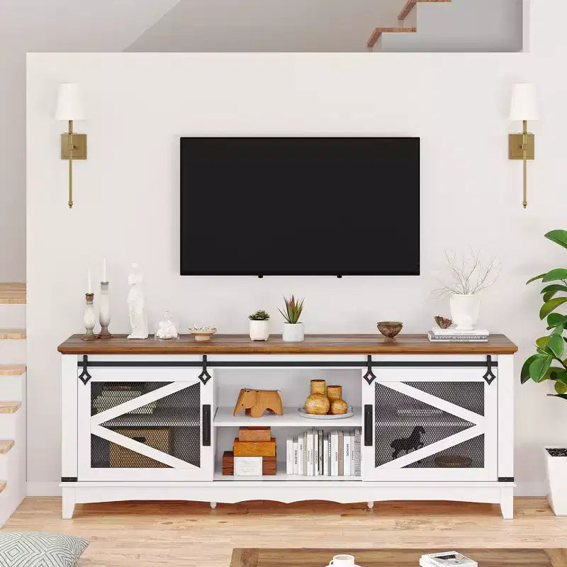 Modern Farmhouse TV Stand, Fits 75 TV - 65 White Entertainment Center with Sliding Barn Doors, Storage Compartments and Adjustable Shelves