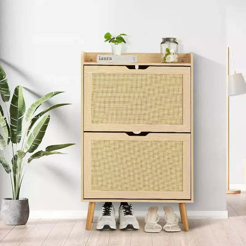 Shoe Racks/Cabinet - Hidden Shoe Storage with 2 Flip Rattan Flip-Drawer and Anti-Tip Design, 12-15 Pairs Storage Organizer
