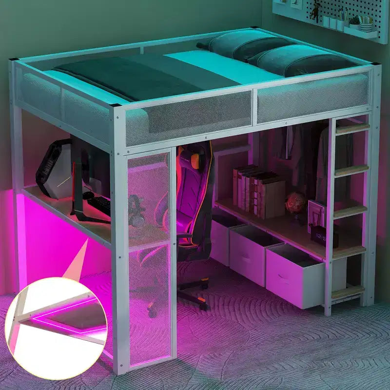 Bellemave Full Size Metal Gaming Loft Bed with LED, Desk, Open Wardrobe and 3 Linen Storage Drawers,White