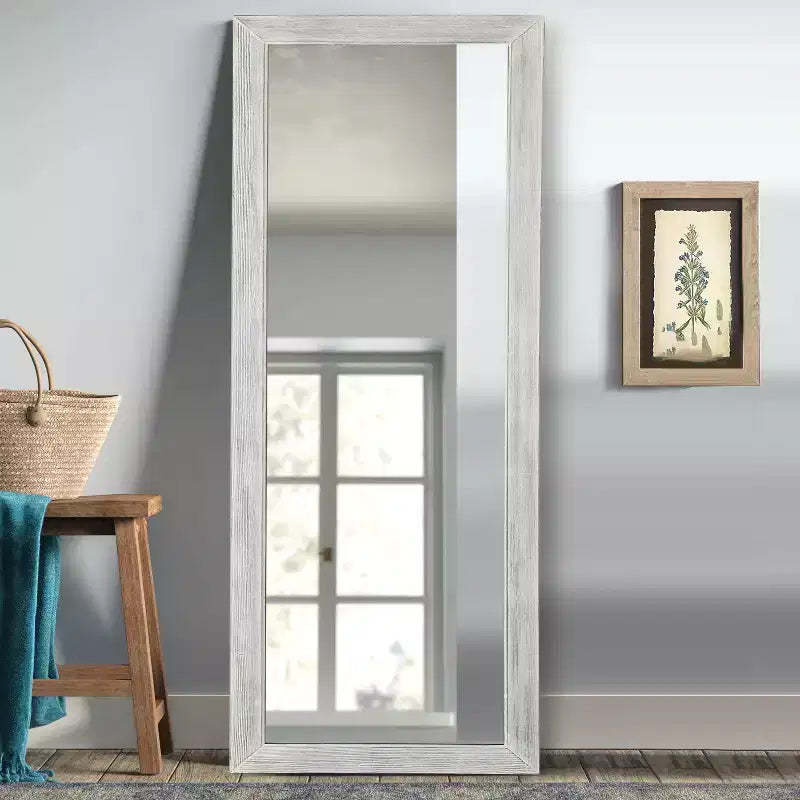 MAYEERTY Full Length Mirror Solid Wood Brushed Washed White 64x21in with Stand Tempered Glass