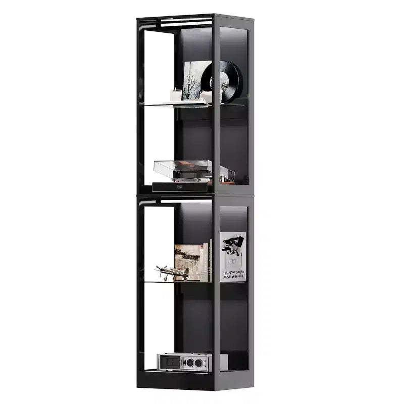 AMERLIFE Display Cabinet with Glass Doors, RGB Lights, 4-Tier Storage, Adjustable Shelves, MDF & Tempered Glass, Black