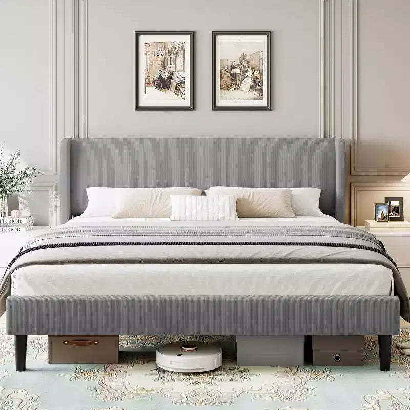 Coolmee Upholstered Full/Queen/King Bed Frame with Wingback Headboard, Velvet Upholstery Platform Bed, No Box Spring Needed, Wood Slats Support