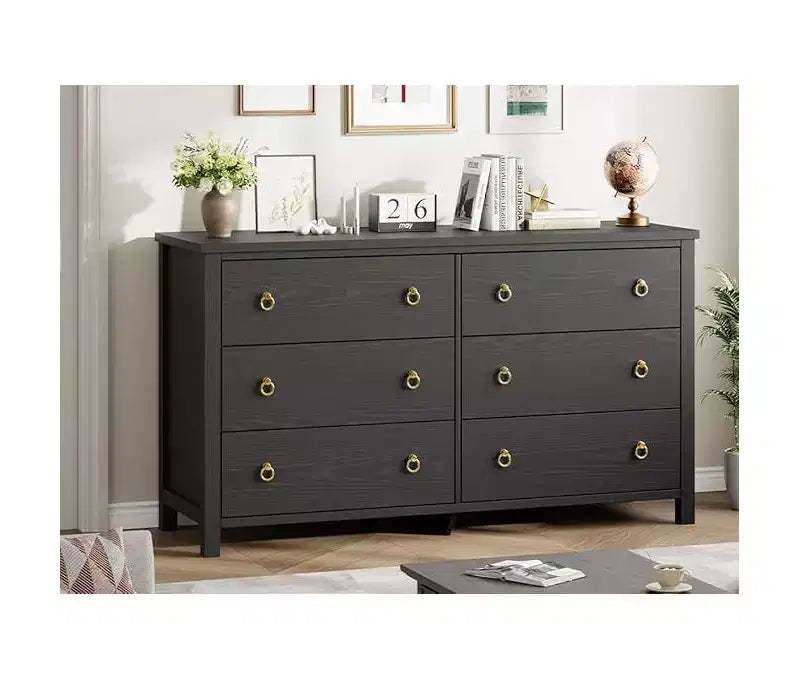 Dresser for Bedroom with 6 Drawers, Wooden Chest with Clothes Storage CabinetWide Dresser with Chest of Drawers,Black