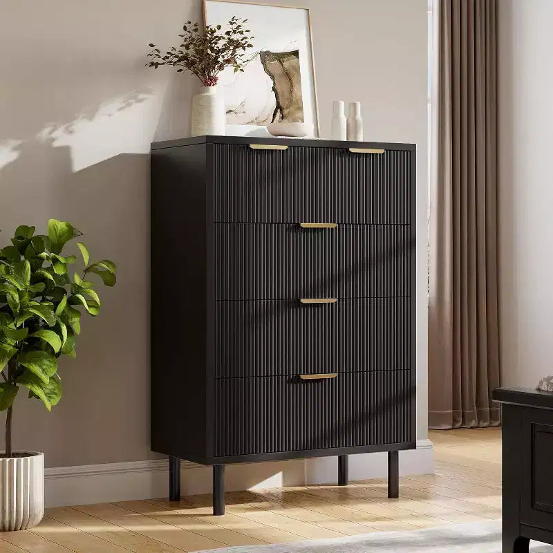 Wave groove five-drawer storage cabinet for bedroom, modern wooden wide drawers, wardrobe dresser with anti-tip device and metal legs