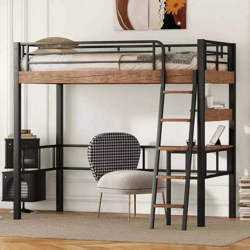 Bellemave Twin Loft Bed with Desk, Ladder & Bookshelves, Heavy Duty Metal High Loft Bed Frame, Space Saving Design, Black