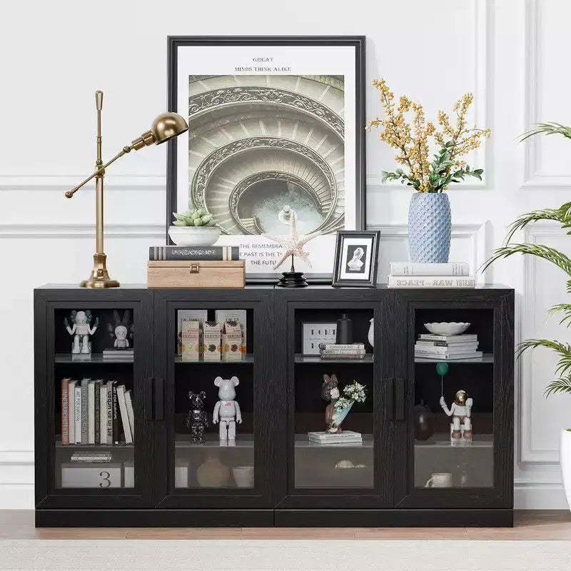 PexFix 62 W x 31 H Large Sideboard Buffet Cabinet with 4 Glass Doors 2 Adjustable Shelves for Kitchen Living/Dinning Room Bedroom Entryway Black