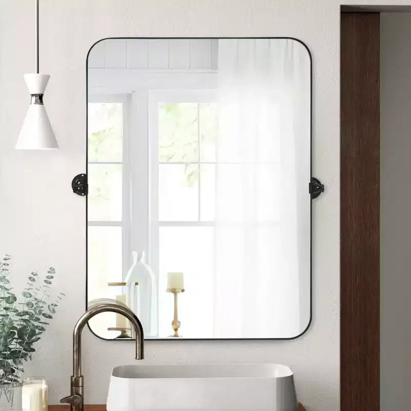 MAYEERTY Hanging Mirror Iron Rounded Corner Rectangle Black Rotating Hardware 31x23x2in