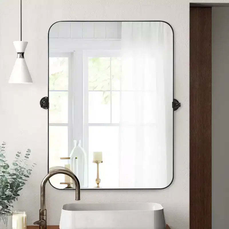 MAYEERTY Hanging Mirror Iron Rounded Corner Rectangle Black Rotating Hardware 31x23x2in