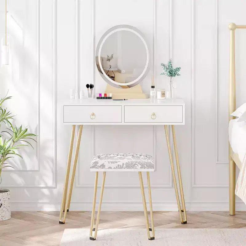 Makeup Vanity, Vanity Set - with 3-Color Dimmable Lighted Mirror, Dressing Table with Drawers, Padded Stool (White)