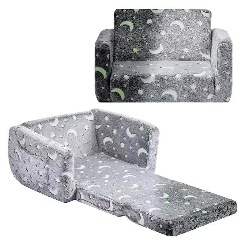 VEVOR 2-in-1 Kids Sofa, Foldable Toddler Soft Couch with Armrests, Glow in the Dark Kids Couch Fold Out with 28D Sponge & Flannel, M, Gray