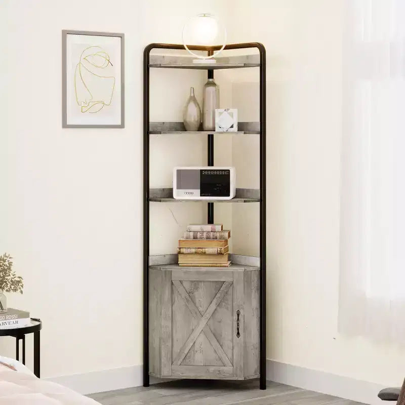70.9 In Tall Corner Shelf with Cabinet Rustic Storage Rack Industrial Bookcase Plant Stand for Living Room