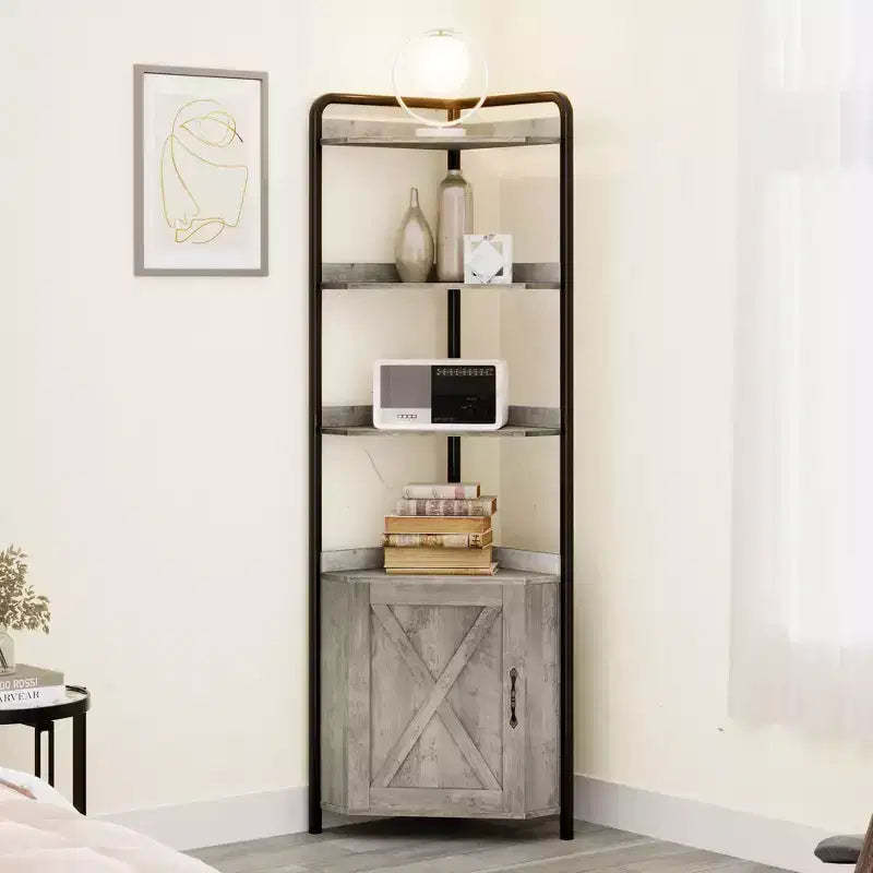 70.9 In Tall Corner Shelf with Cabinet Rustic Storage Rack Industrial Bookcase Plant Stand for Living Room