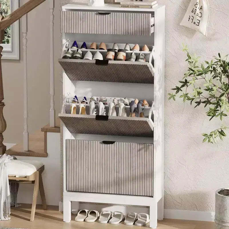 Shoe Storage Cabinet with 3 Flip Drawers, Entrance Wooden Shoe Rack with Iron Legs
