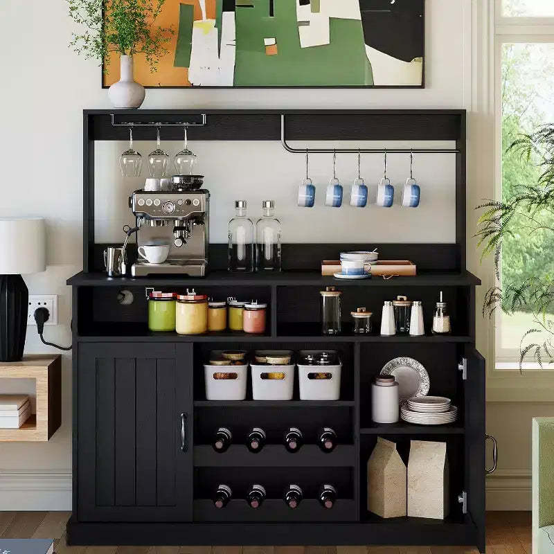 Acekool 47 Farmhouse Coffee Bar Cabinet, Rustic Grey Buffet Table with Wine Rack & Adjustable Shelves for Kitchen, Dining Room