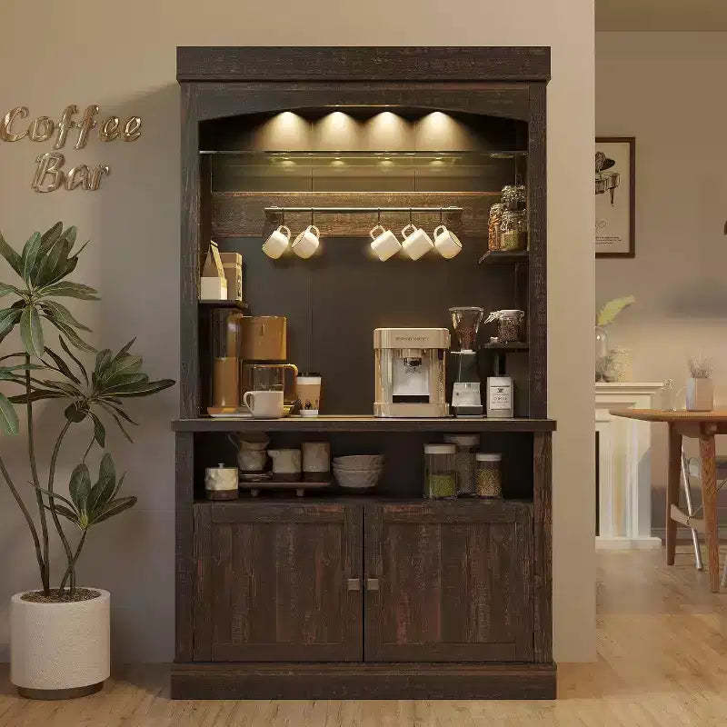 Acekool 72 Farmhouse Pantry Cabinet - Coffee Bar Station with 3-Color LED Lights, Ample Storage & S-Hooks for Kitchen, Dining Room