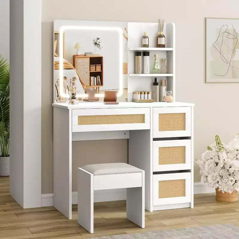 Acekool White Rattan Vanity Desk with Adjustable LED Mirror Light, 4 Drawers & 2 Open Shelves, Spacious Makeup Table for Bedroom