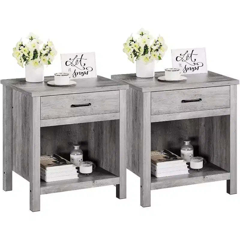 Acekool Farmhouse Nightstand Set of 2, Grey End Tables with Drawer & Open Shelf, Modern Bedside Tables for Bedroom, Living Room, Office