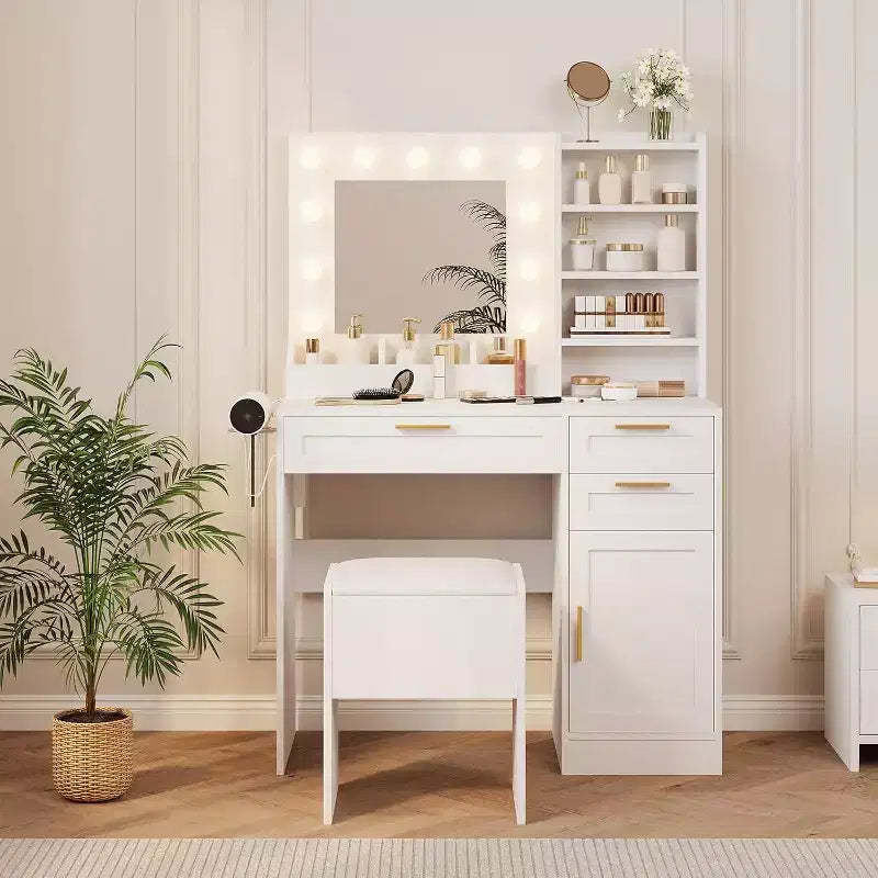 Acekool White Vanity Desk with LED Lighted Mirror, Power Outlet, 3 Drawers, USB Ports, Storage Cabinet & Stool for Bedroom or Dorm