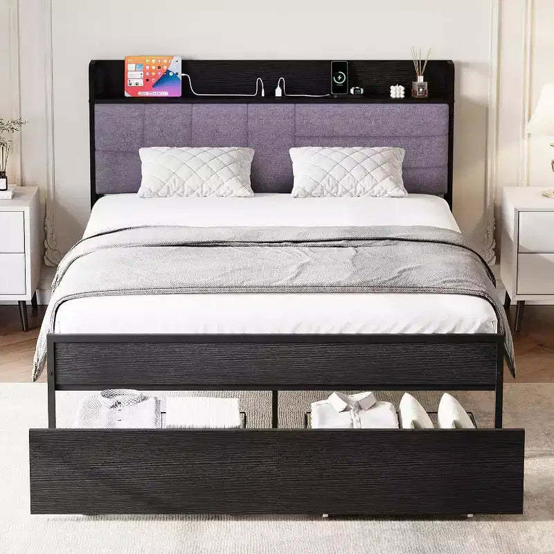 Acekool Queen Bed Frame with Storage Drawers, Upholstered Headboard, Metal Platform, Charging Station, 2-Tier Shelf, Black
