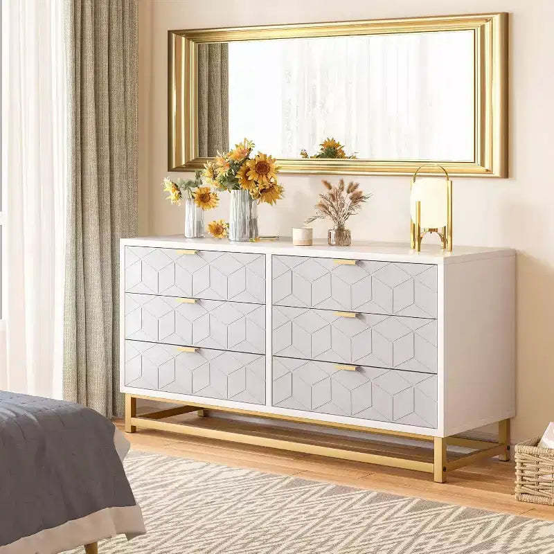 Acekool Grey 6-Drawer Dresser with Gold Metal Handles and Legs, Modern Chest of Drawers for Bedroom, Hallway, Entryway Storage