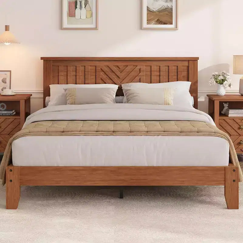 Acekool Full Size Wooden Platform Bed Frame with Headboard, Mattress Foundation, Slat Support, Under-Bed Storage, Easy Assembly, Light Brown