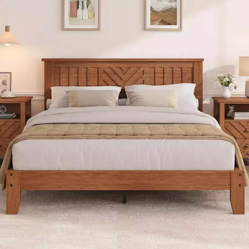 Acekool Full Size Wooden Platform Bed Frame with Headboard, Mattress Foundation, Slat Support, Under-Bed Storage, Easy Assembly, Light Brown