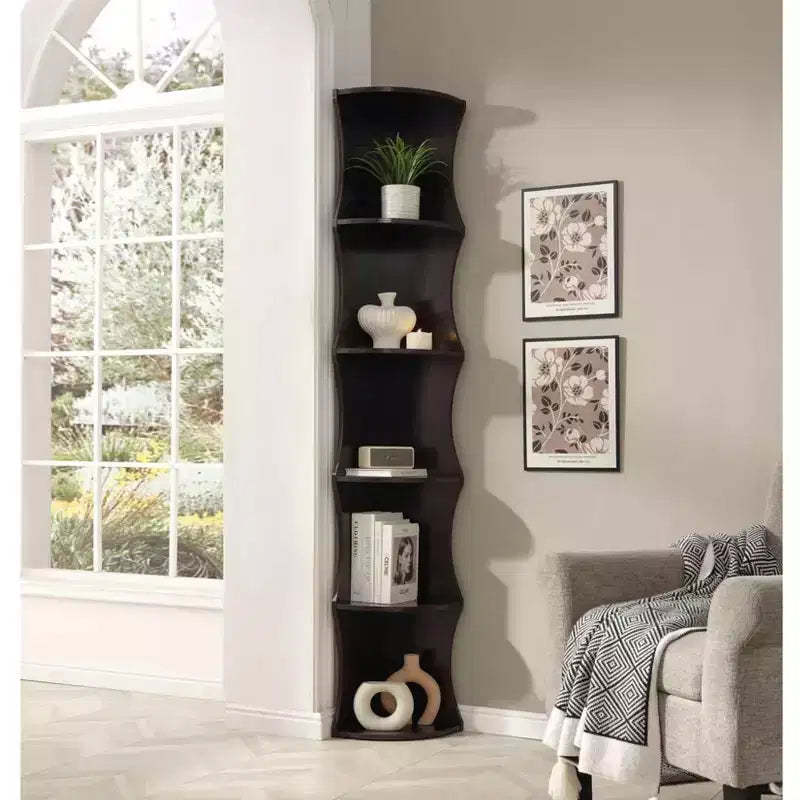 Okak Coner Bookshelf, Bookcase with 5 Open Rounded Shelves, Freestanding Storage Organizer for Living Room, Office, Espresso