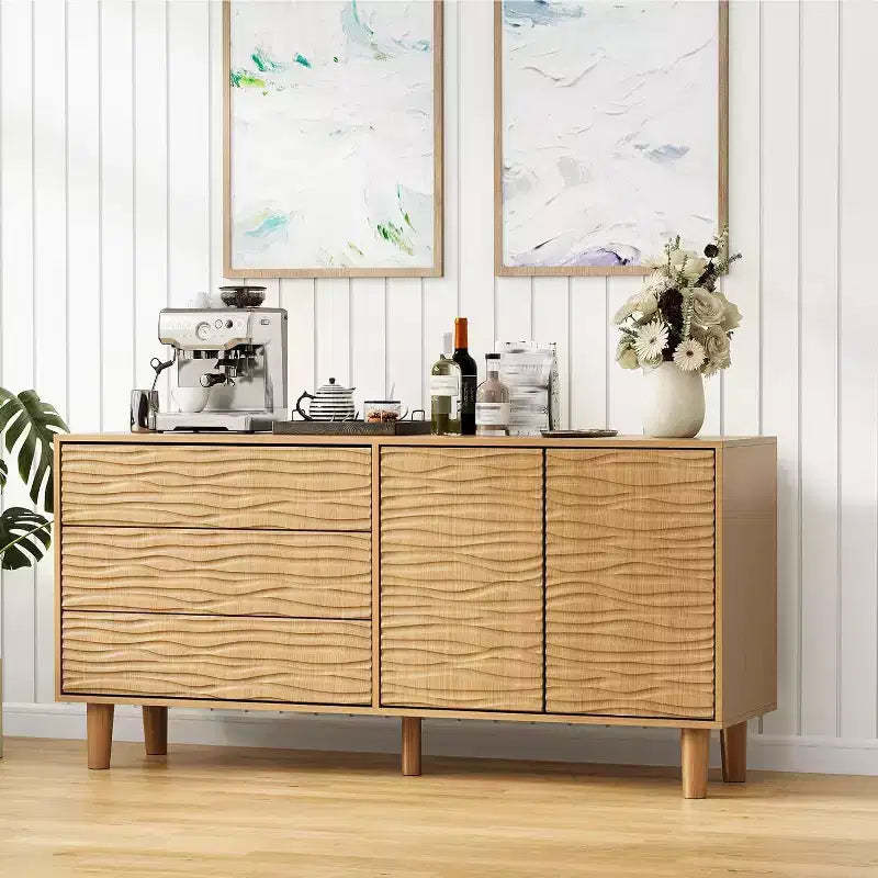 Acekool 61 Mid-Century Sideboard - Natural Wood Buffet Cabinet with 3 Drawers, 2 Doors & Wave Design for Dining Room, Kitchen
